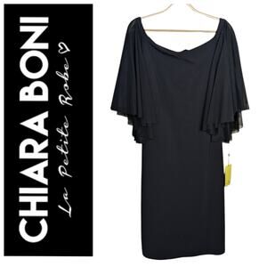 NEW Chiara Boni Bateau Neckline Midi Dress 12 Black Sheer Cape Flutter Sleeves